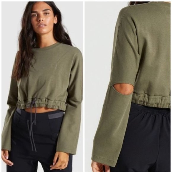 𝅺gymshark Khaki Green Box Utility Crop Sweater - Picture 1 of 11
